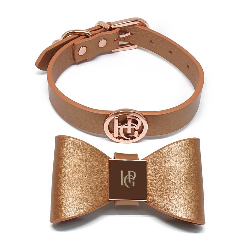 澳洲Happy Go Puppy 皮革蝴蝶結項圈-古銅金 - 項圈/牽繩 - 真皮 