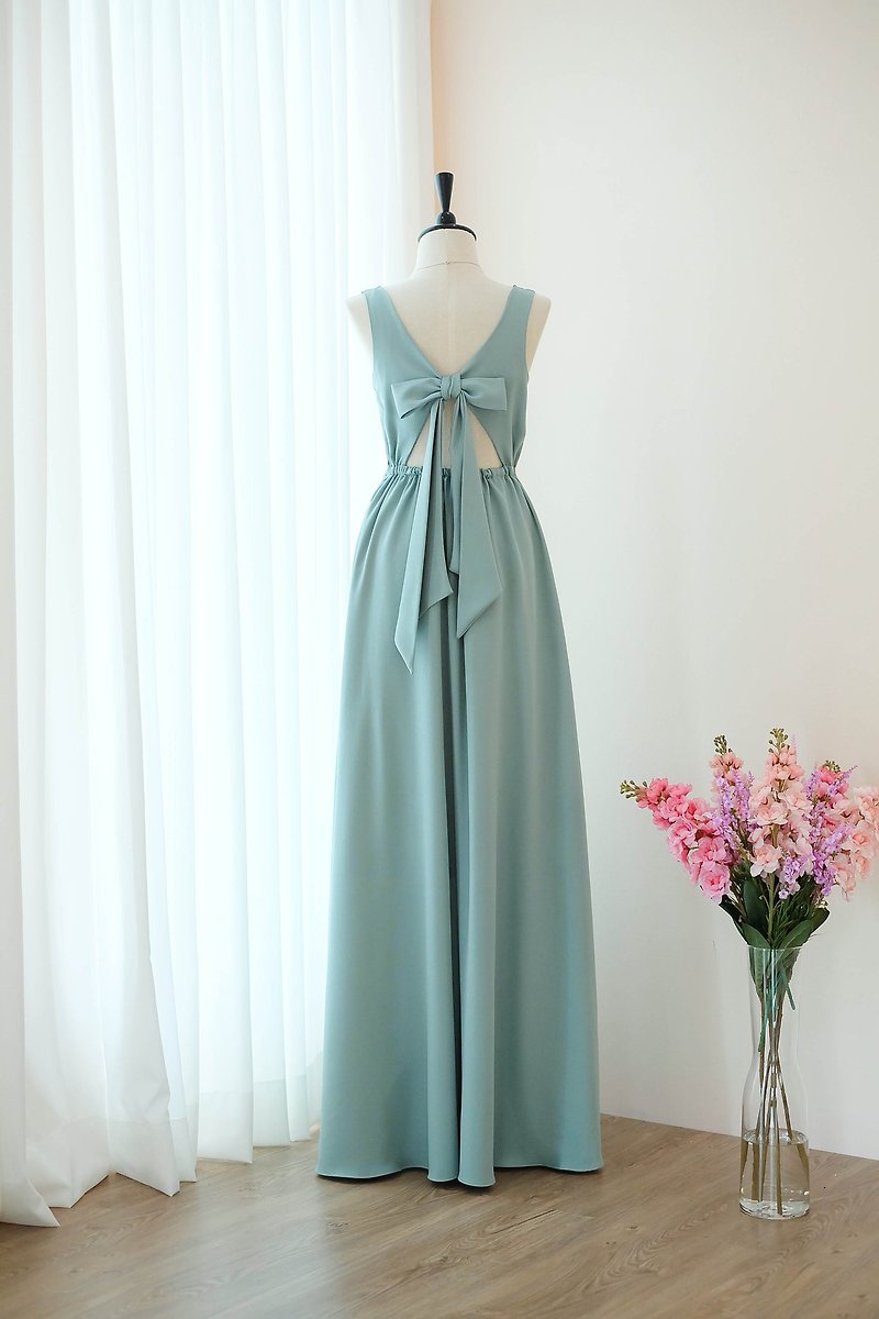 Dusty Sage Green Bridesmaid Long Dress Bow back Prom Party Dress - Evening Dresses & Gowns - Other Materials Green