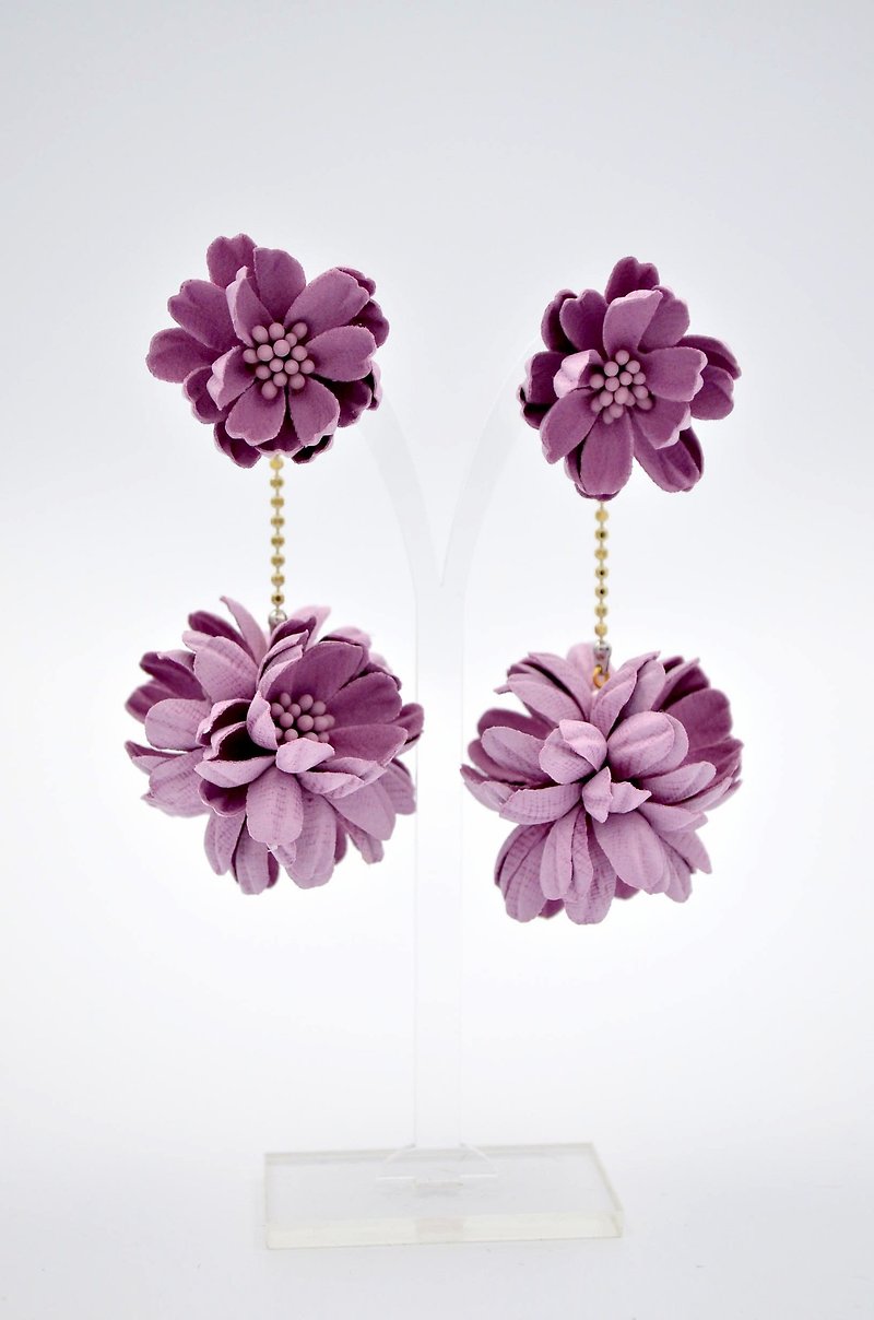Pink purple imitation leather daisy flower ball earrings small flower small fresh dress dress earrings - Earrings & Clip-ons - Polyester Purple
