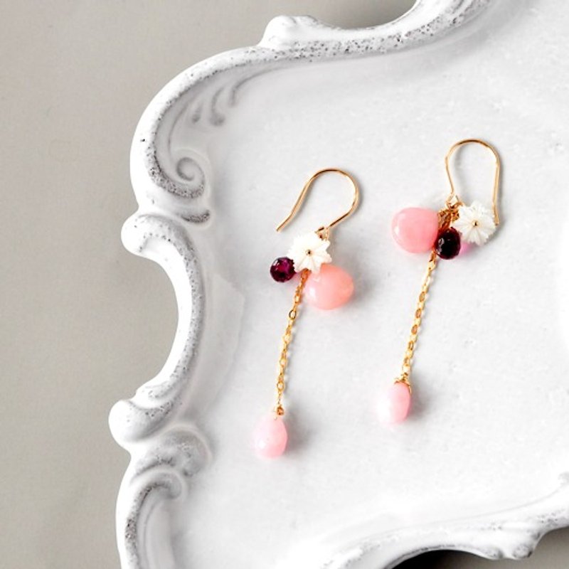 14kgf/pink opal x grape garnet - Earrings & Clip-ons - Gemstone 