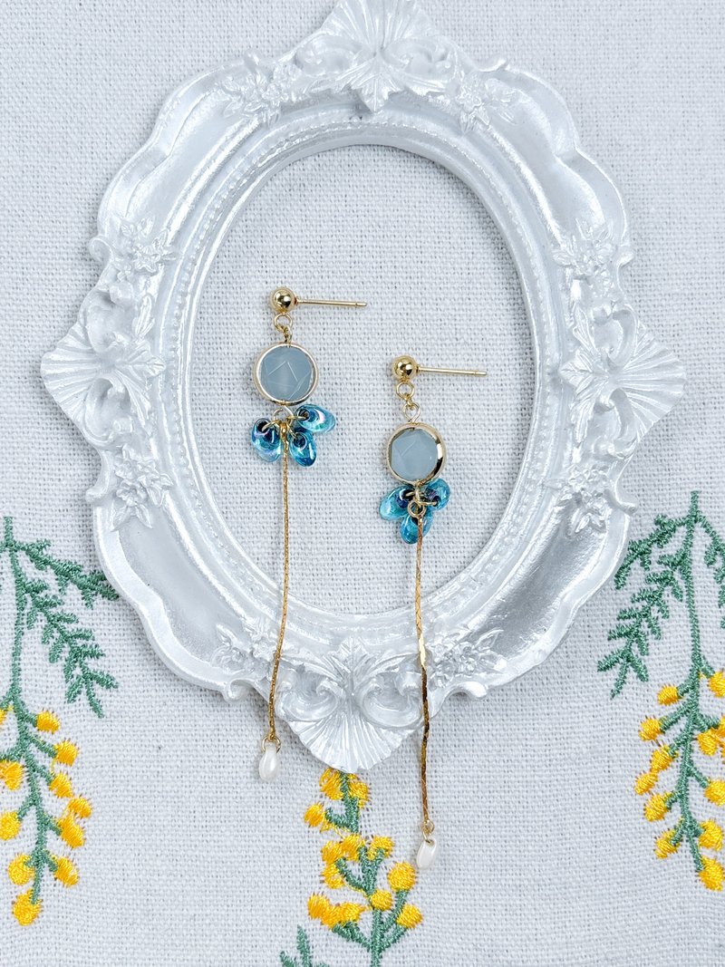 Japanese style beads-natural stone elf long chain earrings-blue Stone - ต่างหู - หิน สีน้ำเงิน