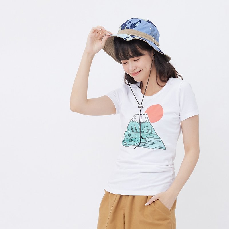 Fuji Mountain Go Hiking peach cotton T-shirt Women / white - เสื้อยืดผู้หญิง - ผ้าฝ้าย/ผ้าลินิน ขาว
