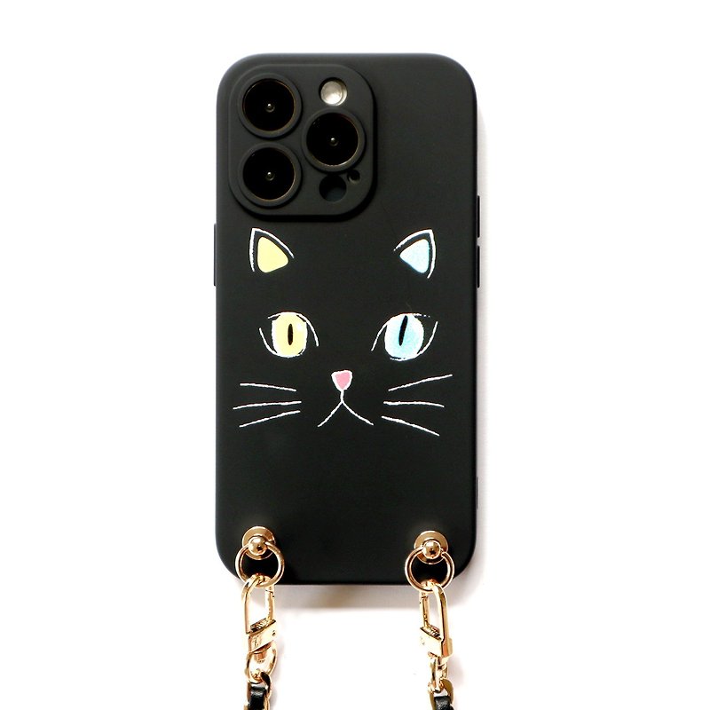 iPhone15/14/13/12法式小黑貓小香珍珠鍊手機殼 (附鍊條) - 手機殼/手機套 - 塑膠 黑色