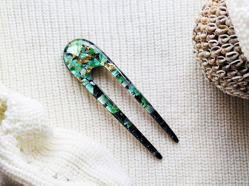 Green hair clip with mother of pearls, hair fork, hair chopsticks - 髮夾/髮飾 - 壓克力 綠色