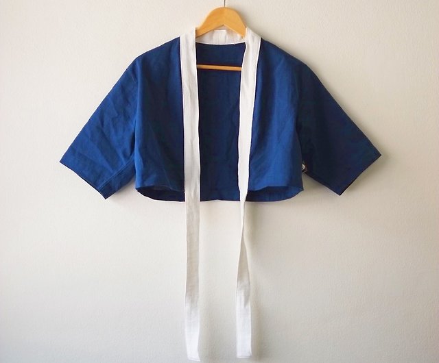 (Navy Blue) Cropped kimono jacket two-tone