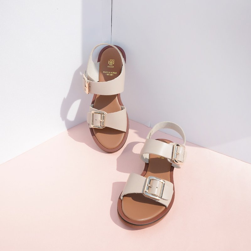 Twill metal sandals | beige - รองเท้ารัดส้น - หนังแท้ สีกากี