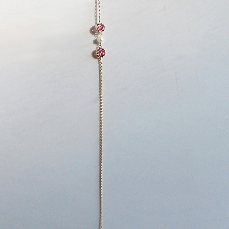 MissQueeny slender pink diamond Clover natural pearl earrings / ear length line - Earrings & Clip-ons - Other Metals Pink