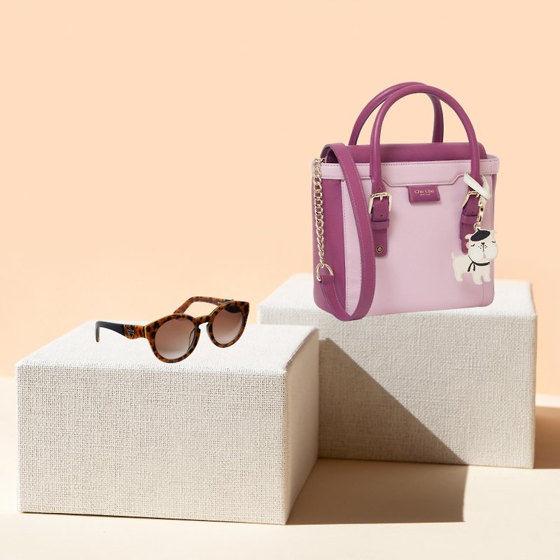 French Bulldog Dual Color Leather Small Tote + Sunglasses Gift Set - กระเป๋าแมสเซนเจอร์ - หนังแท้ สีม่วง