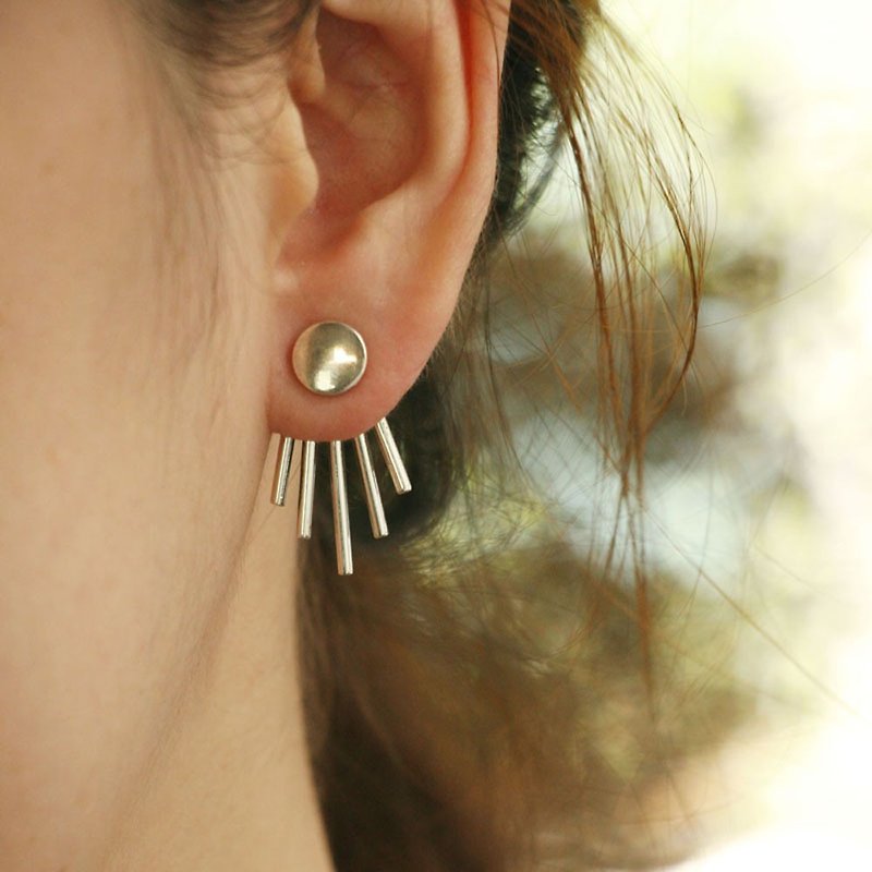 minimal Earring Jackets Geometric Studs Handmade Sterling Silver Simple Deep耳環 - Earrings & Clip-ons - Sterling Silver Silver