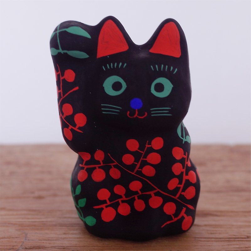 Lucky cat Nandina pattern black right hand beckoning - Stuffed Dolls & Figurines - Paper 