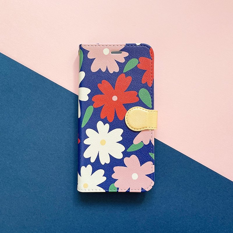 夢の中のお花模様 手帳型 iPhoneケース - 手機殼/手機套 - 人造皮革 藍色
