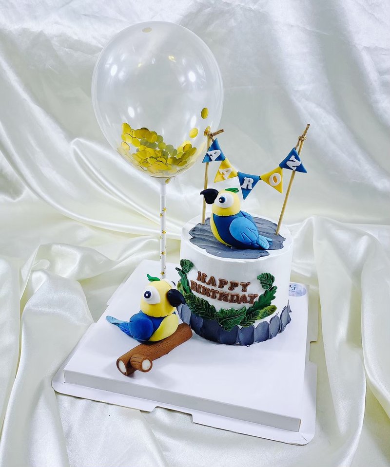 鸚鵡 鳥 氣球 生日蛋糕 客製 卡通 造型 翻糖 手繪 4吋 面交 - 蛋糕/甜點 - 新鮮食材 綠色