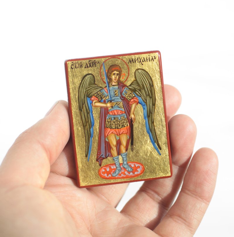 hand painted orthodox wood icon  Saint  Archangel Michael pocket size miniature - 其他 - 木頭 紅色