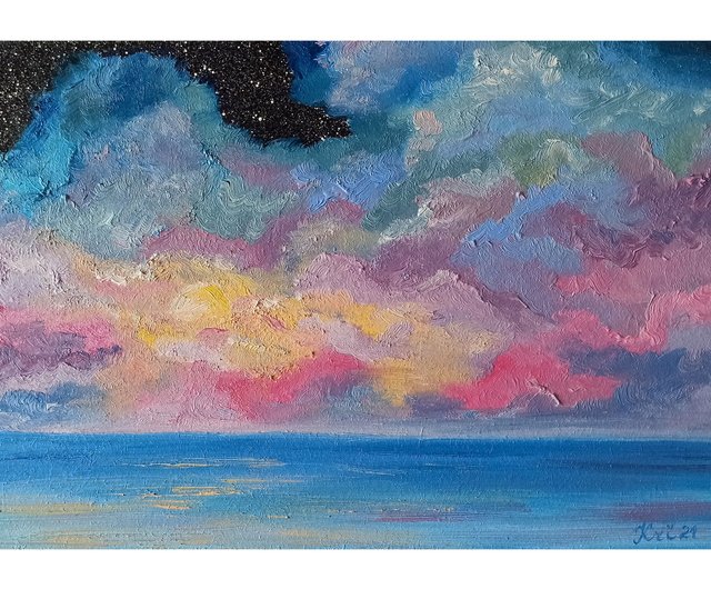 海景画 雲 アート 空 油絵 海 オリジナルアート 星月夜 - ショップ