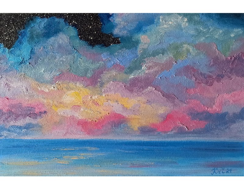 Seascape Painting Clouds Art Sky Oil Painting Ocean Original Art Starry Night - 海報/掛畫/掛布 - 其他材質 多色