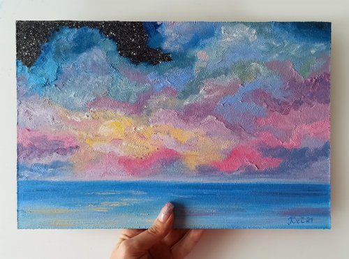 海景画 雲 アート 空 油絵 海 オリジナルアート 星月夜 - ショップ