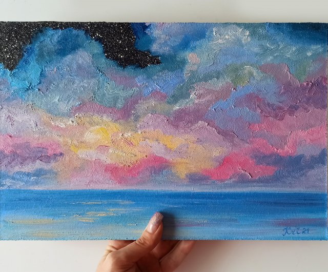 海景画 雲 アート 空 油絵 海 オリジナルアート 星月夜 - ショップ