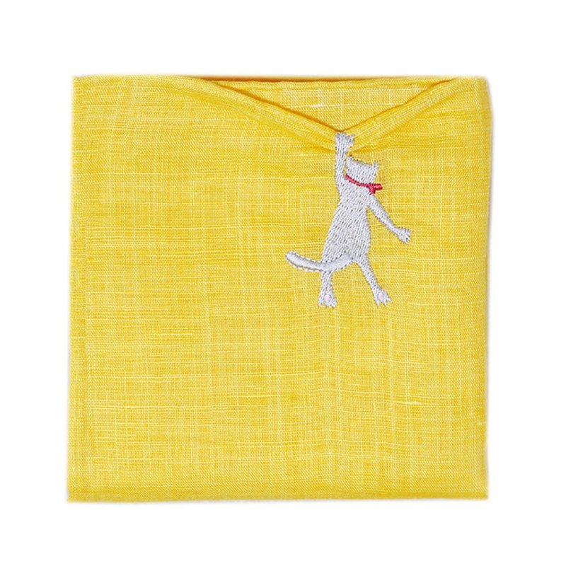 HIKKOMI cat Yellow handkerchief 41 x 41cm, 50% cotton, 50% linen, made in Japan - ผ้าเช็ดหน้า - ผ้าฝ้าย/ผ้าลินิน สีเหลือง