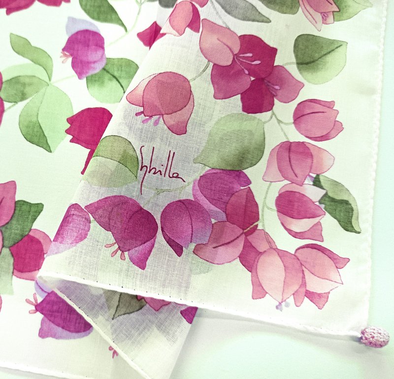 Sybilla Vintage Scarf Floral Bougainvillea 23 x 22.5 inches. - 手帕 - 棉．麻 粉紅色