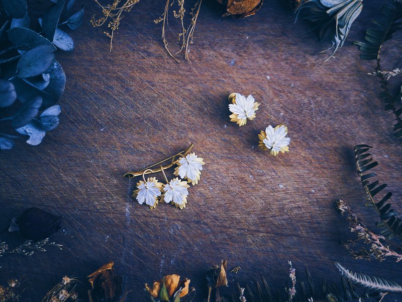 Wells mother-of-pearl gold-filled double-layer maple leaf set brooch earrings・American antique jewelry Vintage - Earrings & Clip-ons - Other Metals 