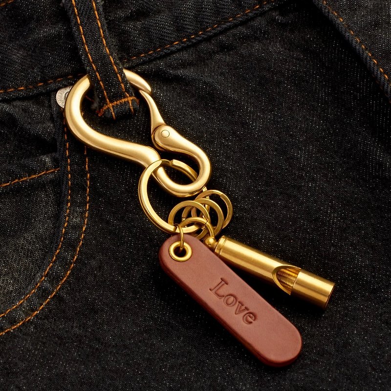 Brass Snap Carabiner Whistle Keychain with Leather Personalize Name Tag - Keychains - Genuine Leather Brown