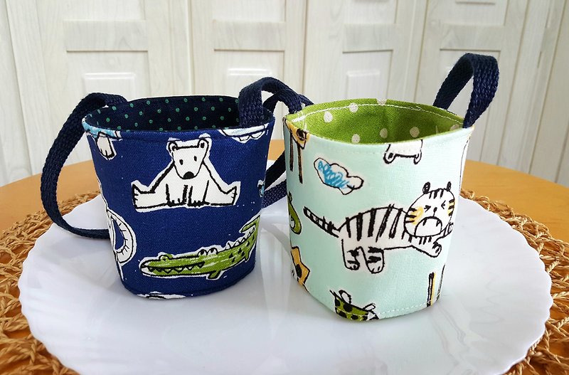 Animal Park Japan imported cotton ~ environmentally friendly portable bag / green cup / drink cup set - Beverage Holders & Bags - Cotton & Hemp Multicolor