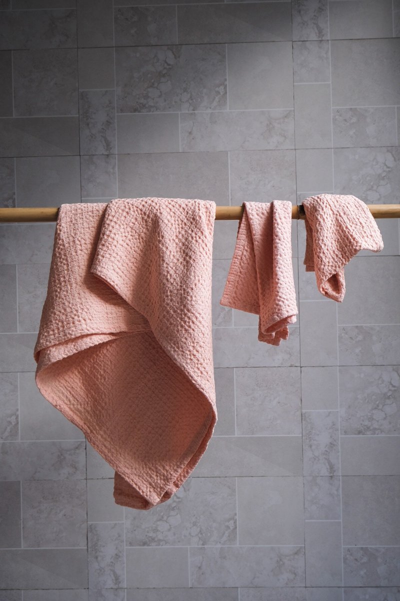 Peach waffle linen bath towels / Linen bath towel set  / Organic flax - 毛巾/浴巾 - 亞麻 橘色