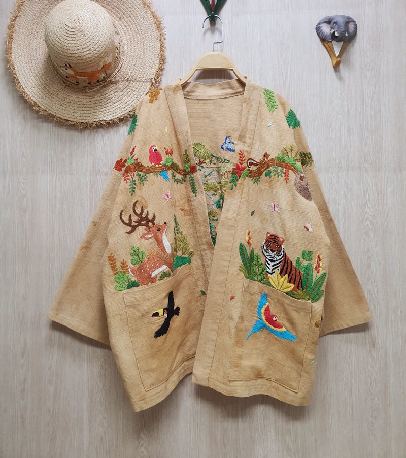 手工刺繡開衫、老虎、鹿、金剛鸚鵡、巨嘴鳥、叢林 - 女上衣/長袖上衣 - 繡線 咖啡色