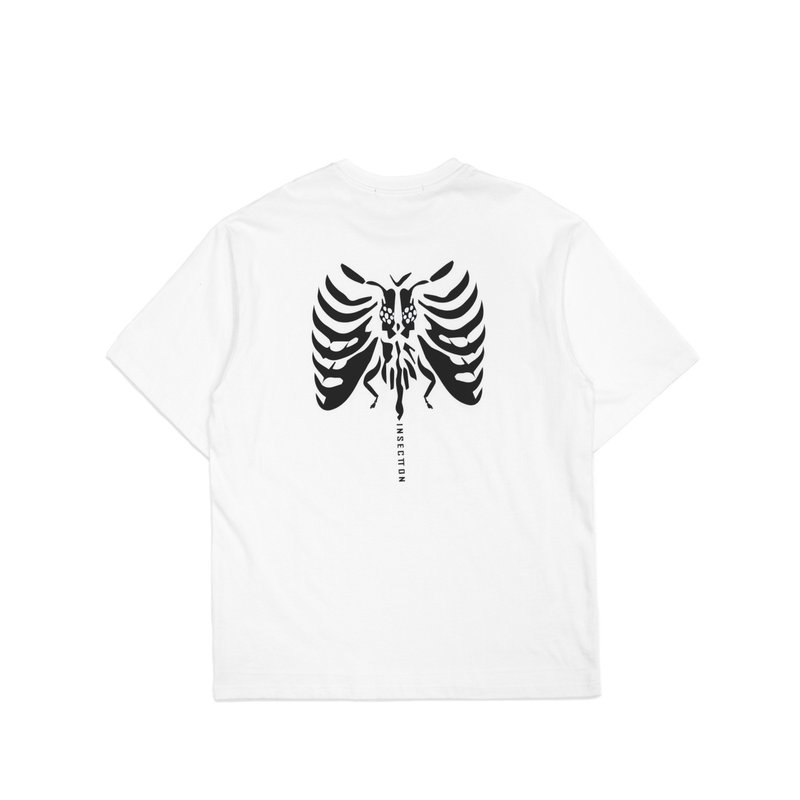 蟲骨印花寬鬆 Tee- 白 - 男 T 恤 - 棉．麻 白色