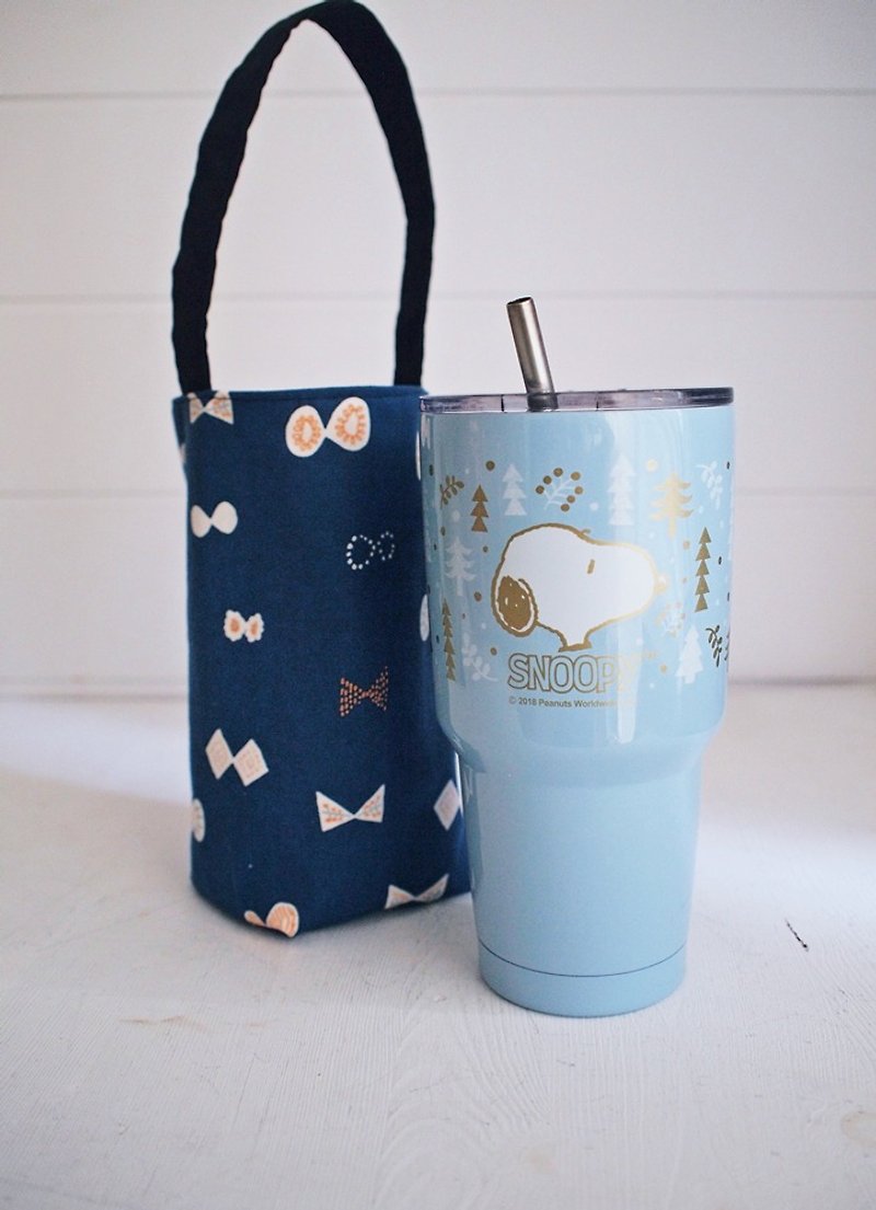hairmo Japanese butterfly portable cup holder-dark blue + (ice dam cup / hand crank / thermos / Mason) - ถุงใส่กระติกนำ้ - ผ้าฝ้าย/ผ้าลินิน สีน้ำเงิน