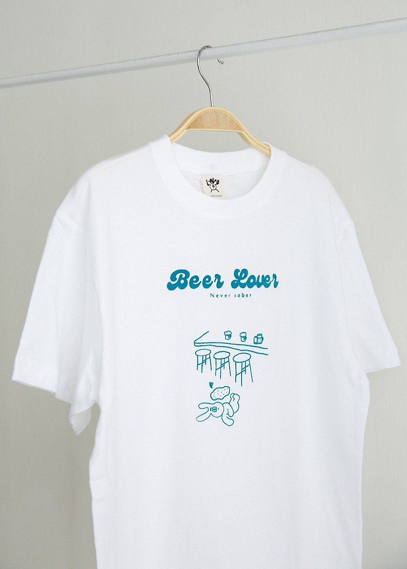 【送木夾】Beer Lover iNU 湖水藍色 手刷T恤 - T 恤 - 棉．麻 白色