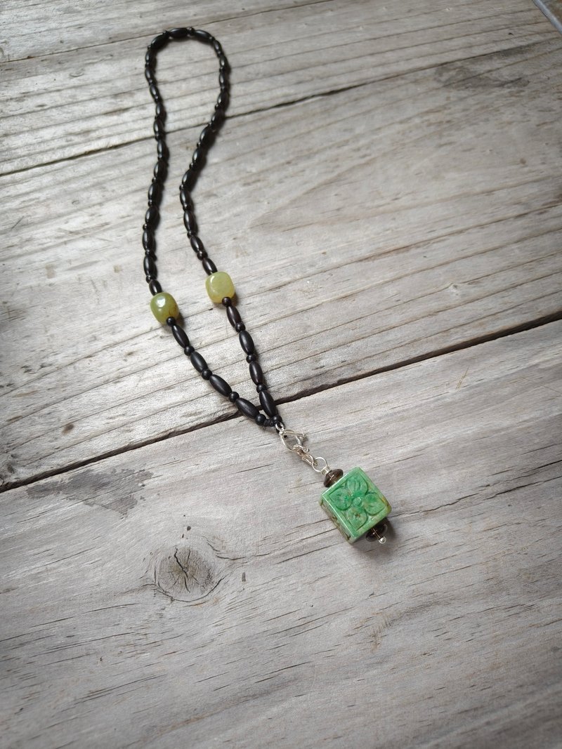 Natural Burmese Royal Green Square Pendant and Tian Jade Sandalwood Bead Necklace - Necklaces - Gemstone Green