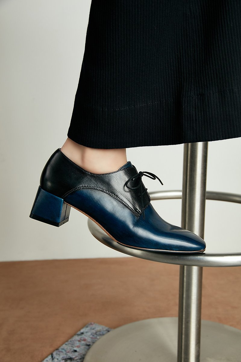 4.6 Square Toe Derby Heels - Prussian Blue - รองเท้าหนังผู้หญิง - หนังแท้ สีน้ำเงิน