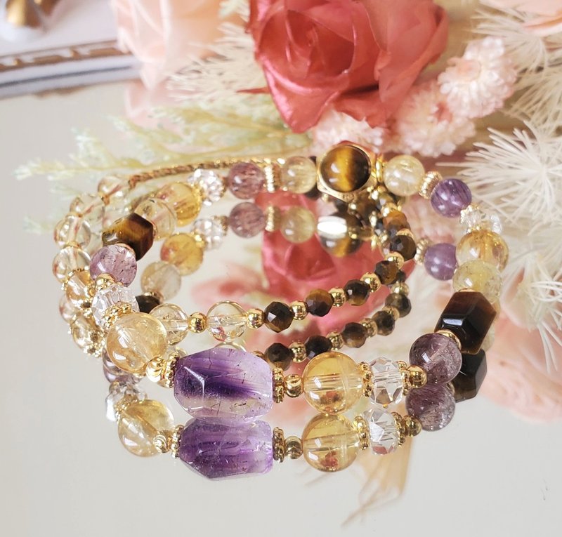 Purple Drunken Gold Fan-Super Seven Shape/Super Seven/Citone/Yellow Tiger Eye/Titanium Crystal/Increase the fortune of noble people and prosper their career - สร้อยข้อมือ - คริสตัล หลากหลายสี