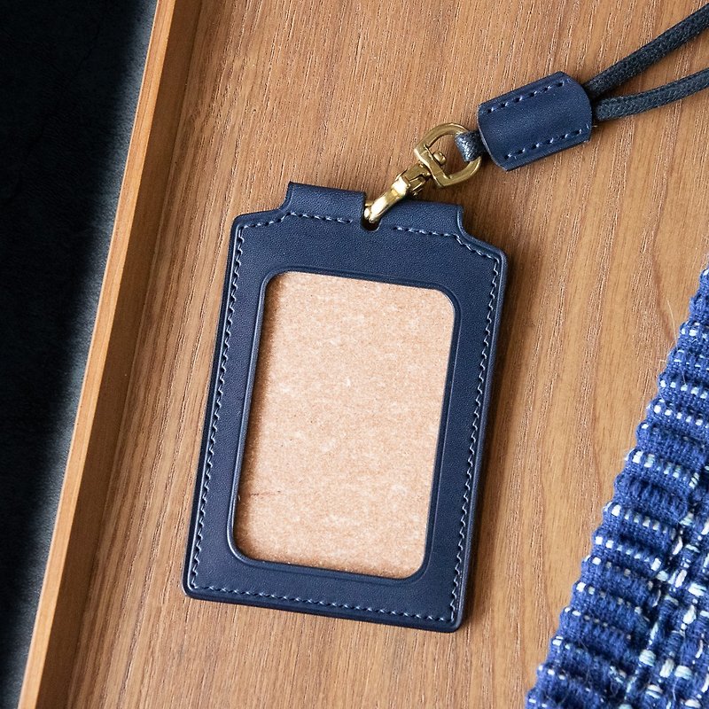Vegetable tanned handmade leather ID card holder with neck strap indigo blue ID card holder - ID & Badge Holders - Genuine Leather Blue