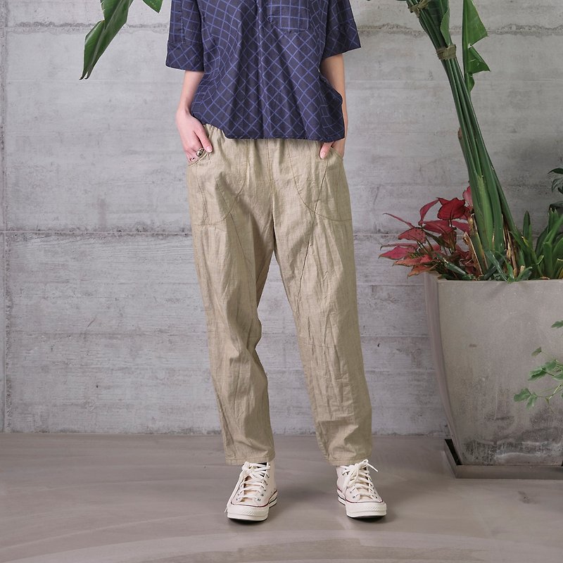 Xu Xing Pocket Pressed Elastic Tapered Pants - กางเกง - ผ้าฝ้าย/ผ้าลินิน สีกากี