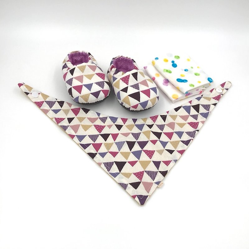 紫旗子-彌月寶寶禮盒(學步鞋/寶寶鞋/嬰兒鞋+2手帕+領巾) - 滿月禮物 - 棉．麻 紫色