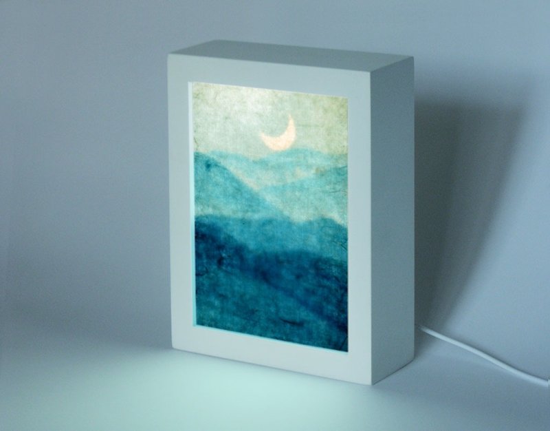 Moon Boat Night Light, Blue Mountain Painting, Minimalist Original Artwork, Abstract Landscape，Chinese Watercolor in A5 - โปสเตอร์ - กระดาษ สีเขียว