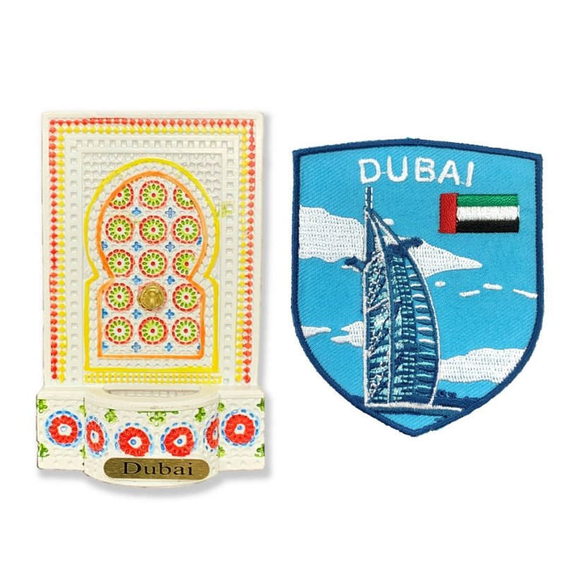 杜拜冰箱便簽留言貼+阿拉伯 UAE 杜拜帆船Patch刺繡士氣章【2件組 - 磁鐵 - 橡膠 多色