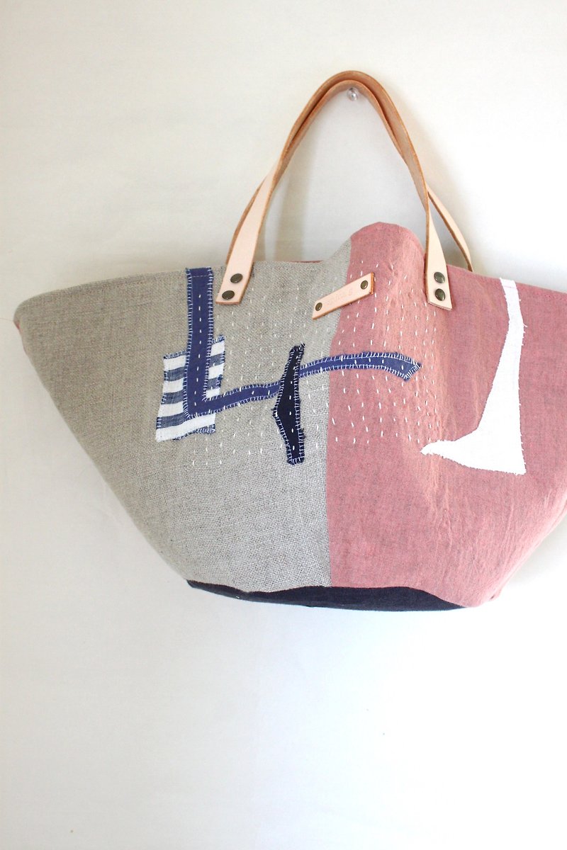 Linen collage marche bag pink - Handbags & Totes - Cotton & Hemp Pink