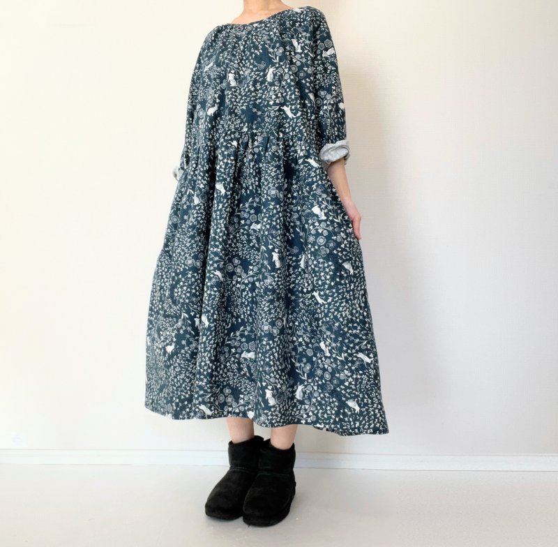 Rabbit long sleeve dress　Floral　cotton linen made in japan - One Piece Dresses - Cotton & Hemp Blue