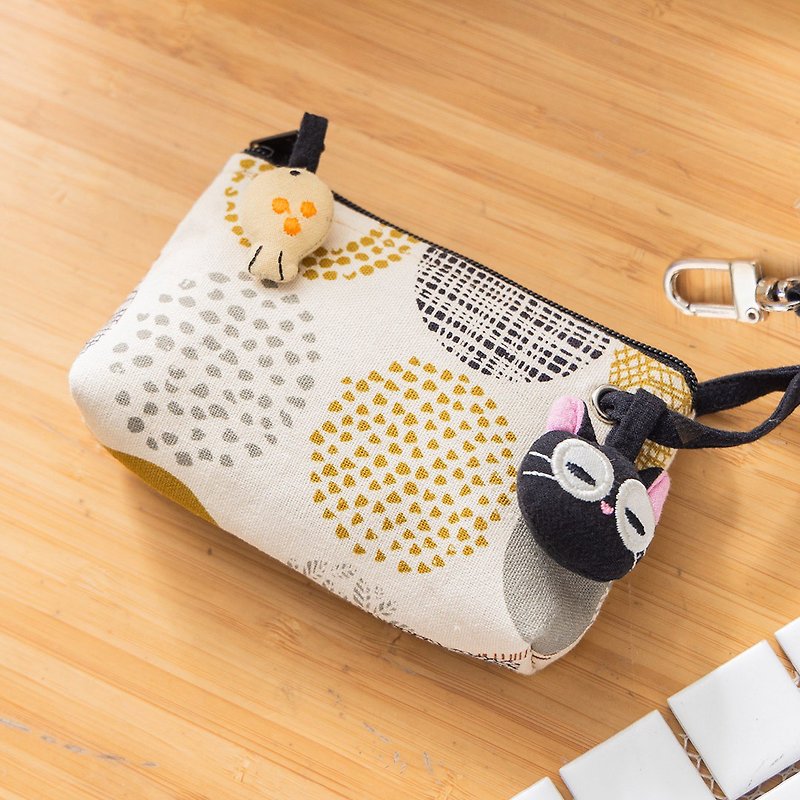 Little black cat flower zipper change/key/small object/storage bag【820298】 - กระเป๋าใส่เหรียญ - ผ้าฝ้าย/ผ้าลินิน สีน้ำเงิน