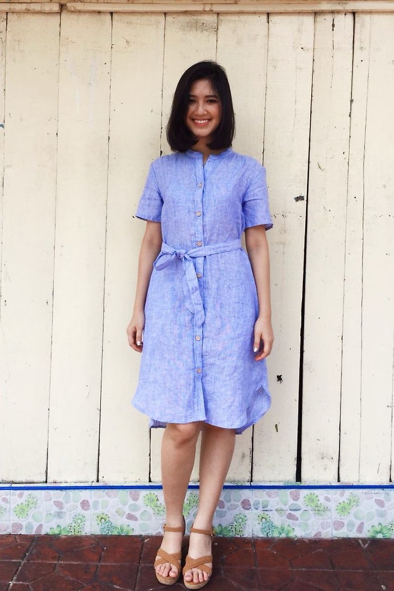 Teresa Blue Shirt Dress - 連身裙 - 棉．麻 藍色