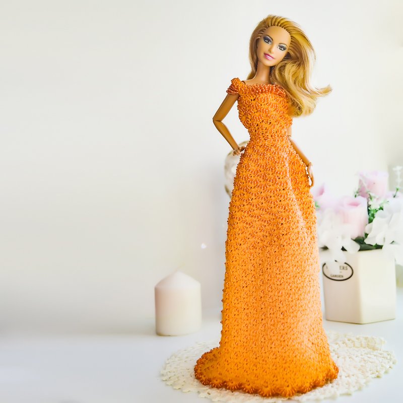 芭比娃娃晚礼服 - 公仔模型 - 棉．麻 橘色