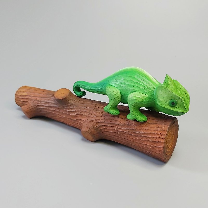 カメレオン木彫りアート - 人形・フィギュア - 木製 グリーン