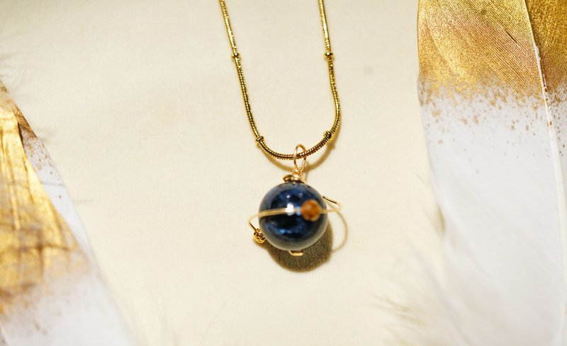 Pure hand-made imported 14K gold wrapped wire Peter stone Neptune planet necklac - สร้อยคอ - เครื่องเพชรพลอย หลากหลายสี