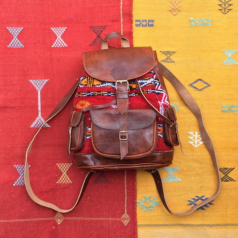 Moroccan Amazigh Kilim Backpack  - Backpacks - Genuine Leather Red