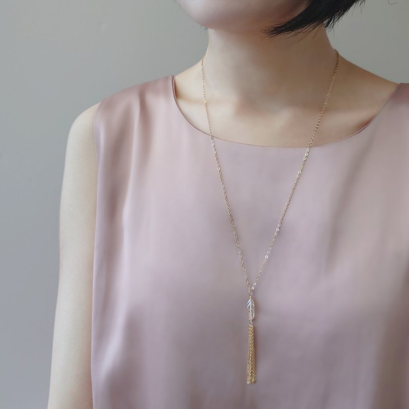 Golden Rutilated Quartz Tassel Pendant 14Kgf Matinee Long Necklace - Long Necklaces - Crystal Gold