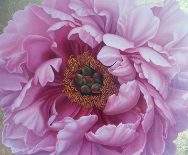 大きな牡丹の絵 オリジナルの花柄 ピンクの牡丹の花 スクエア ウォール