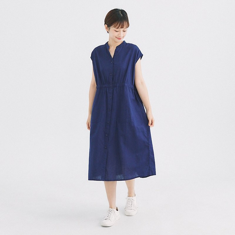【Simply Yours】Shrunk Linen and linen sleeveless dress blue F - One Piece Dresses - Cotton & Hemp Blue